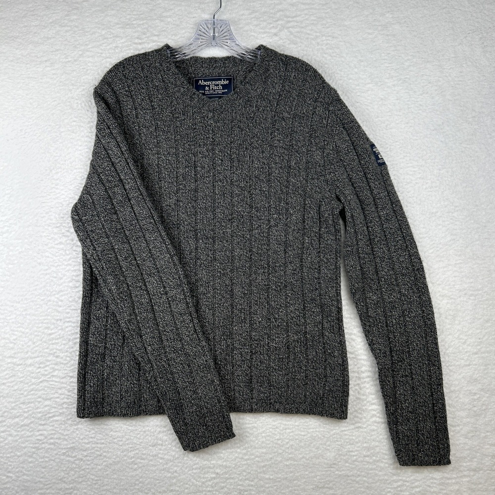 VTG Abercrombie & Fitch Lambswool Sweater Gray Cable Knit V-Neck Men's‎ Large